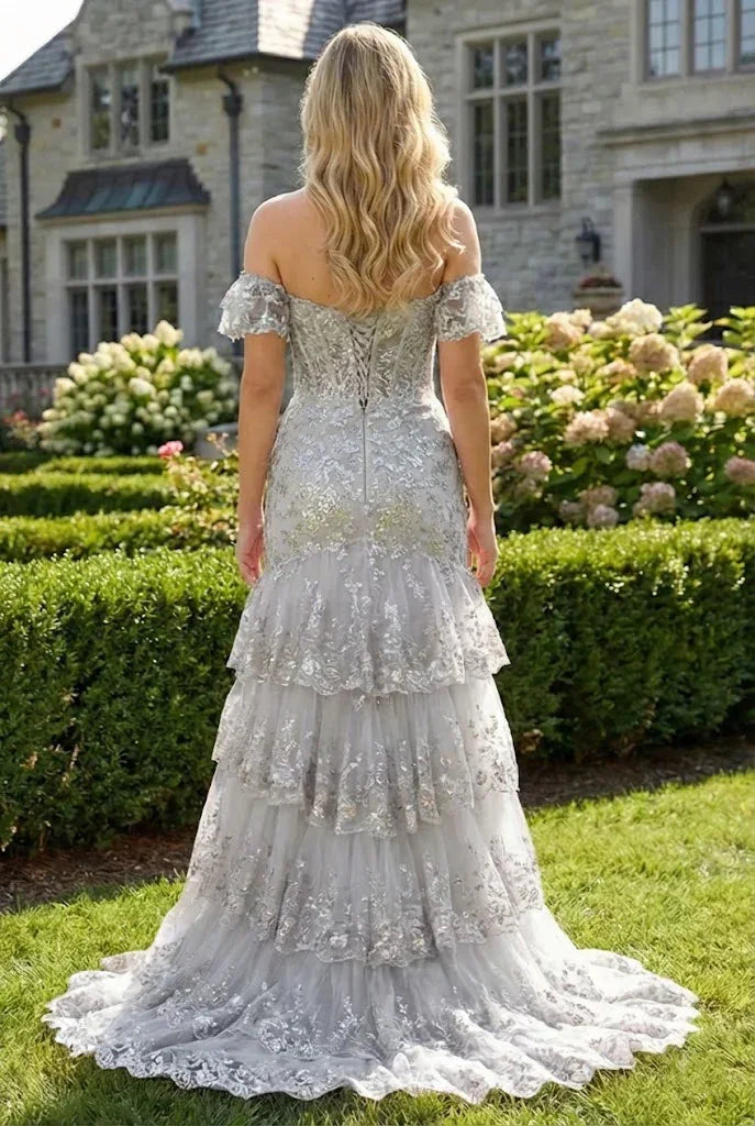 Floral Sequin Corset Off the Shoulder Sheath Prom Dress | Promspark
