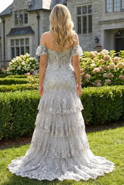 Floral Sequin Corset Off the Shoulder Sheath Prom Dress | Promspark