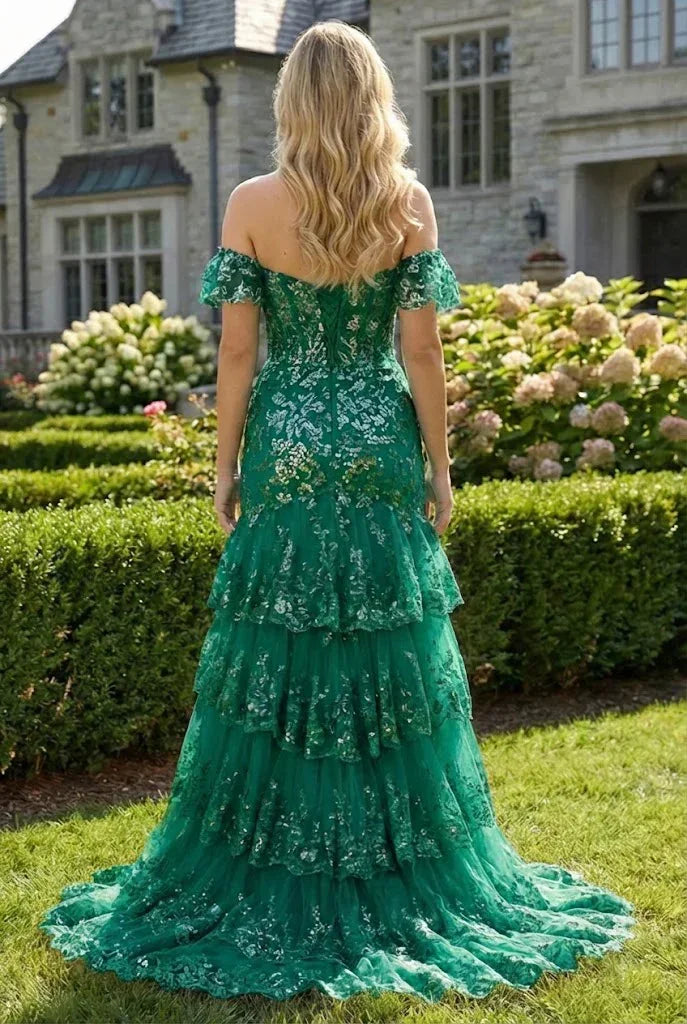 Floral Sequin Corset Off the Shoulder Sheath Prom Dress | Promspark