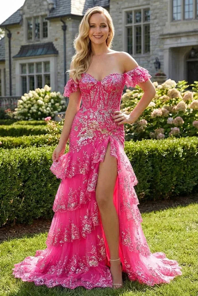 Floral Sequin Corset Off the Shoulder Sheath Prom Dress | Promspark