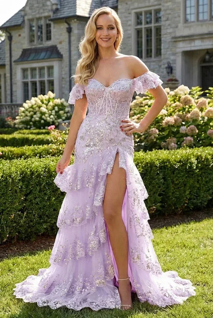 Floral Sequin Corset Off the Shoulder Sheath Prom Dress | Promspark