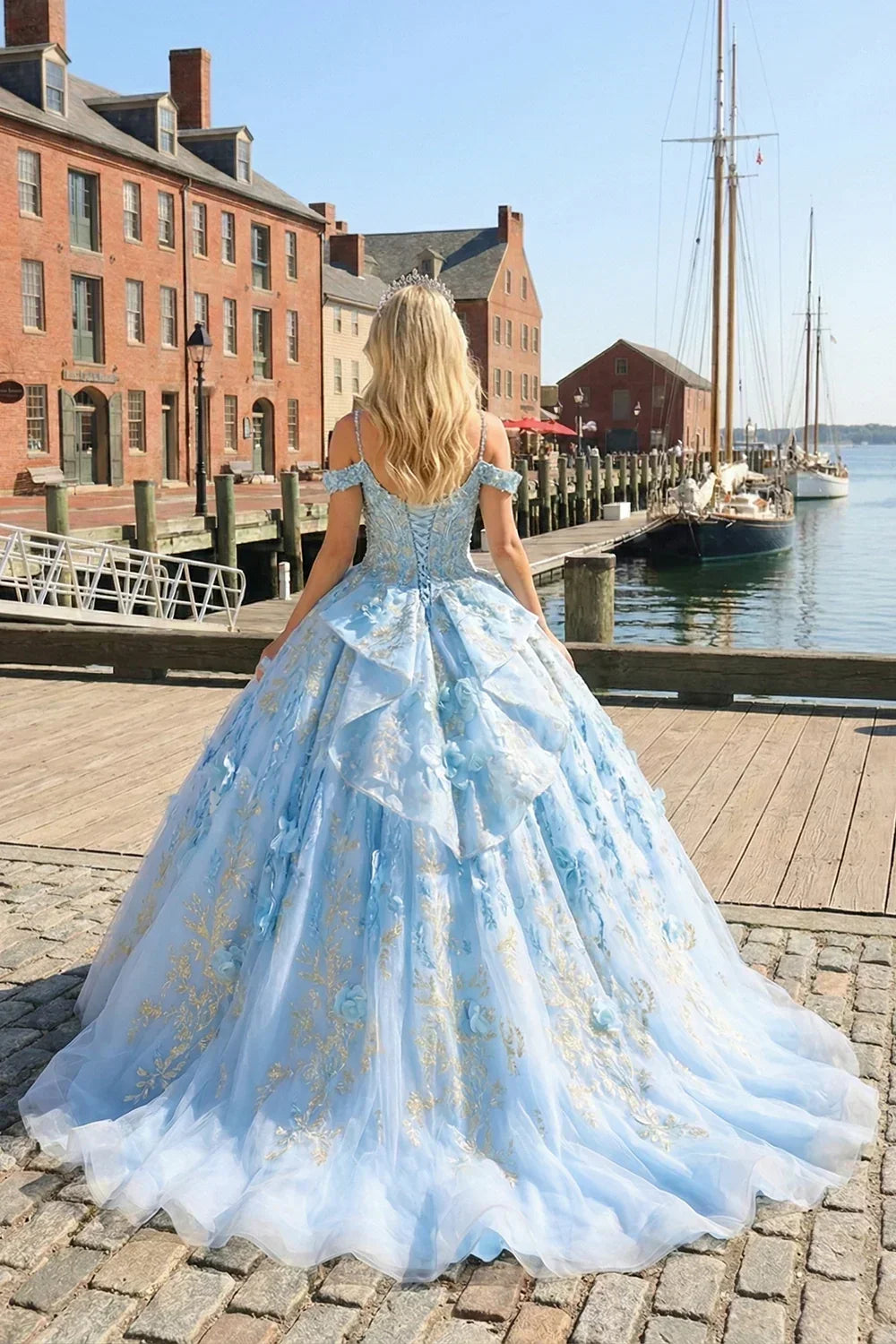 Selena Glittery Ball Gown Cold Shoulder Quinceañera Dress With 3D Floral and Embroidery in Blue - product view