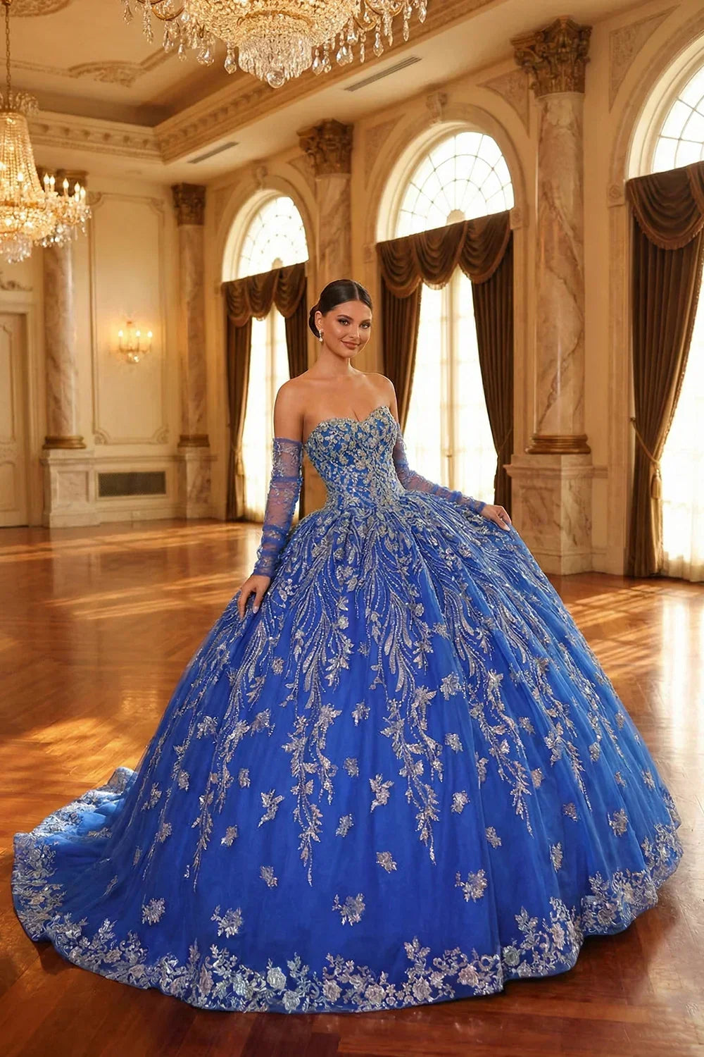 Evangelina Glittery Ball Gown Cold Shoulder Quinceañera Dress With Sheer Sleeves in Blue - product view