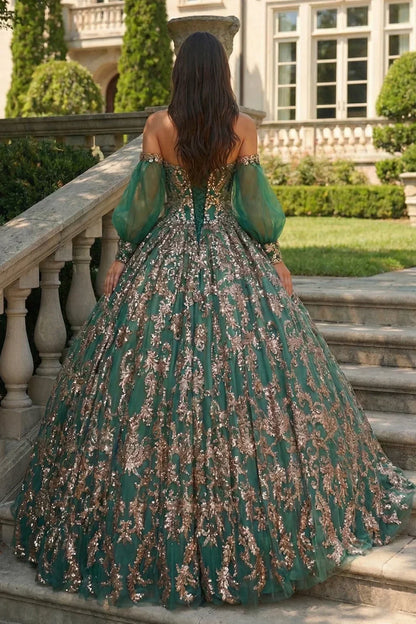 Fabiana Glittery Ball Gown Cold Shoulder Quinceañera Dress With Sheer Sleeves in Green - product view
