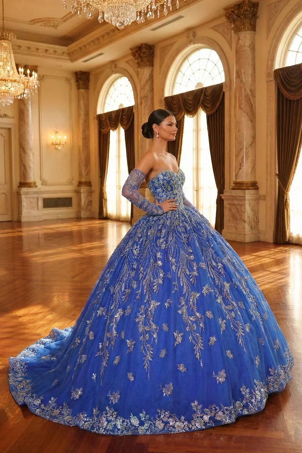 Evangelina Glittery Ball Gown Cold Shoulder Quinceañera Dress With Sheer Sleeves in Blue - product view