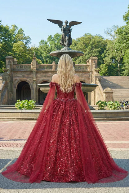 Arabella Glittery Ball Gown Cold Shoulder Quinceañera Dress With With Sheer Cape in Red - product view