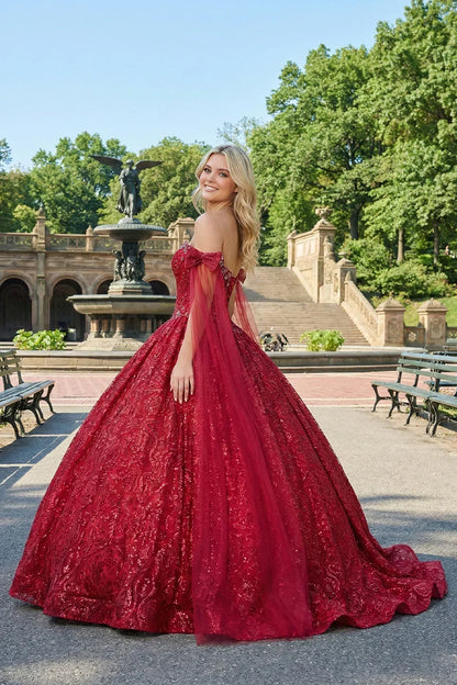 Arabella Glittery Ball Gown Cold Shoulder Quinceañera Dress With With Sheer Cape in Red - product view