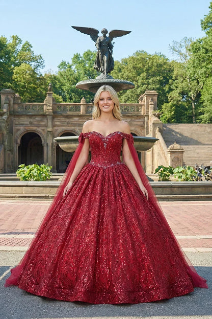 Arabella Glittery Ball Gown Cold Shoulder Quinceañera Dress With With Sheer Cape in Red - product view