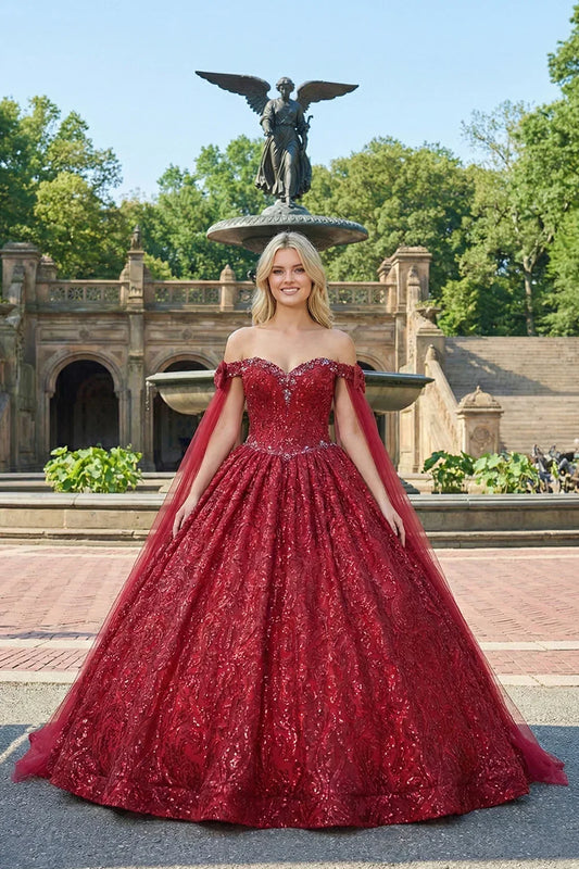 Arabella Glittery Ball Gown Cold Shoulder Quinceañera Dress With With Sheer Cape in Red - product view