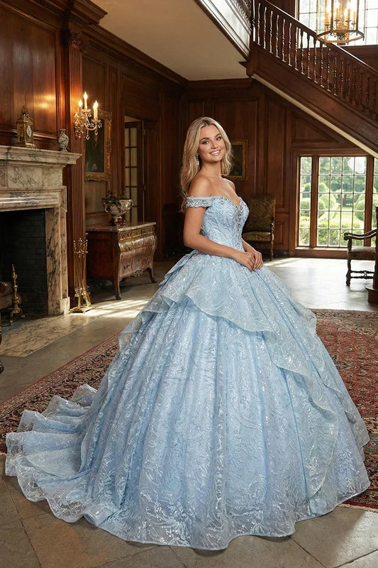 Julieta Layered Ruffled Ball Gown Cold Shoulder Quinceañera Dress With Embroidery and Bow in Blue - product view