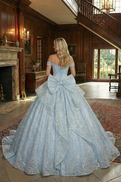 Julieta Layered Ruffled Ball Gown Cold Shoulder Quinceañera Dress With Embroidery and Bow in Blue - product view