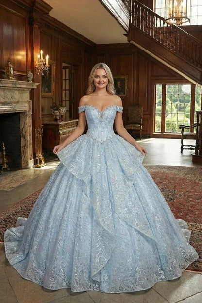 Julieta Layered Ruffled Ball Gown Cold Shoulder Quinceañera Dress With Embroidery and Bow in Blue - product view