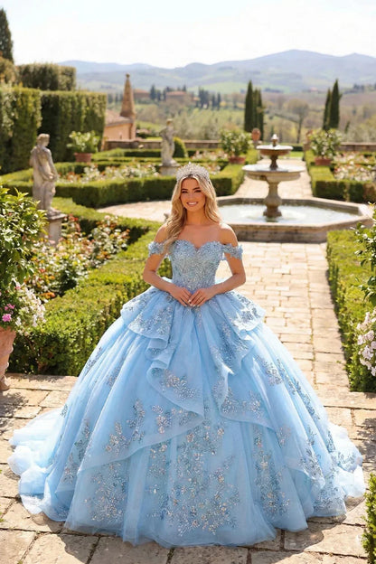 Coralina Layered Ruffled Ball Gown Cold Shoulder Quinceañera Dress With Embroidery and Bow in Blue - product view