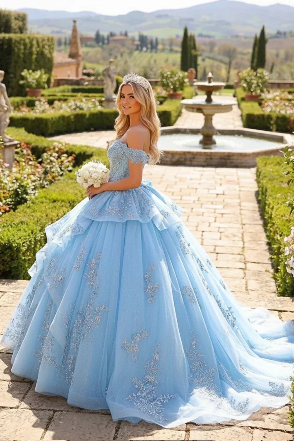 Coralina Layered Ruffled Ball Gown Cold Shoulder Quinceañera Dress With Embroidery and Bow in Blue - product view