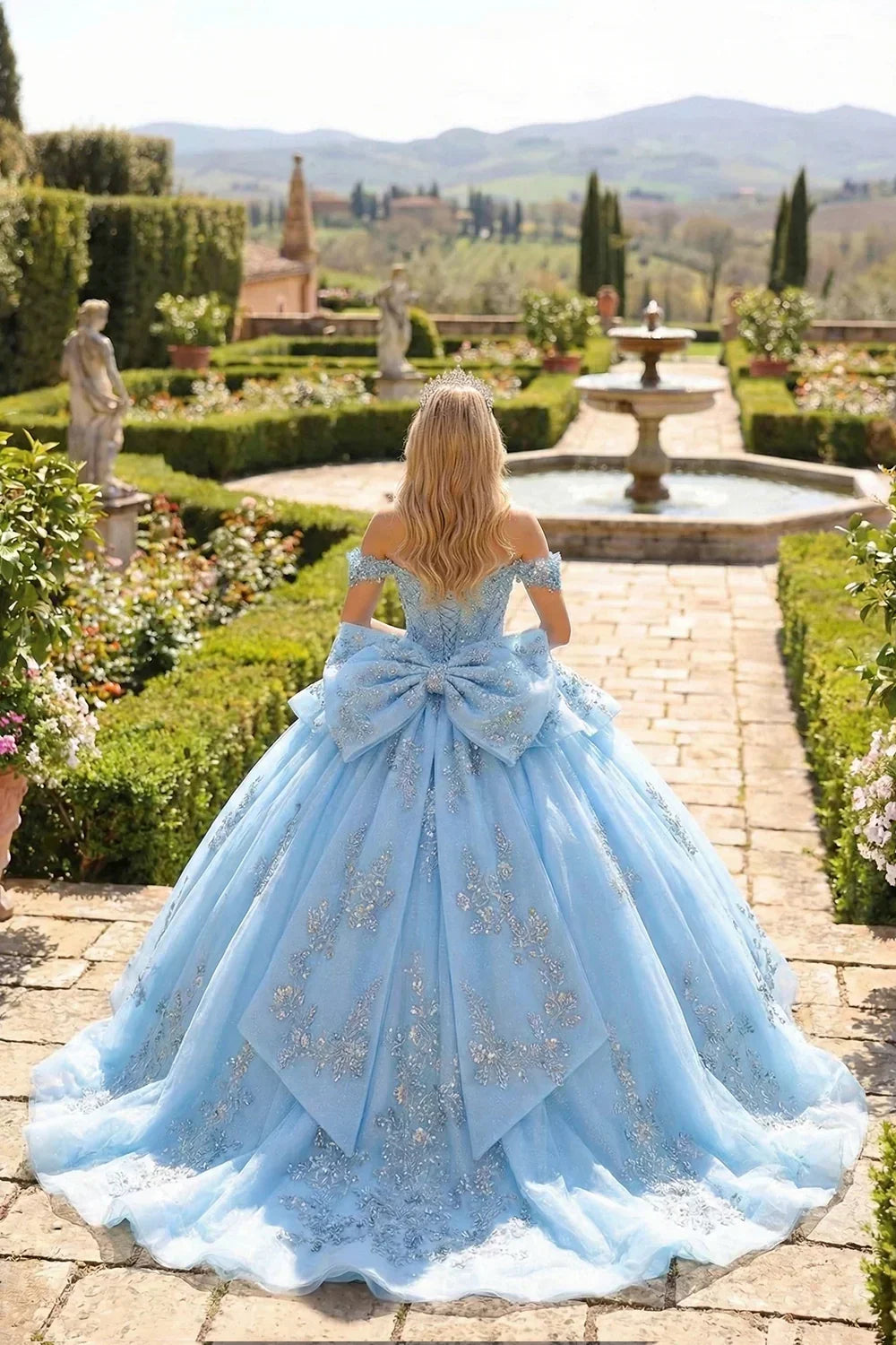 Coralina Layered Ruffled Ball Gown Cold Shoulder Quinceañera Dress With Embroidery and Bow in Blue - product view