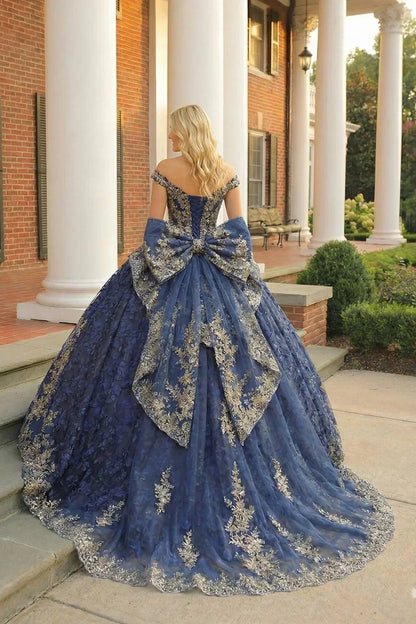 Carmina Layered Ruffled Ball Gown Cold Shoulder Quinceañera Dress With Floral Embroidery and Bow in Blue - product view