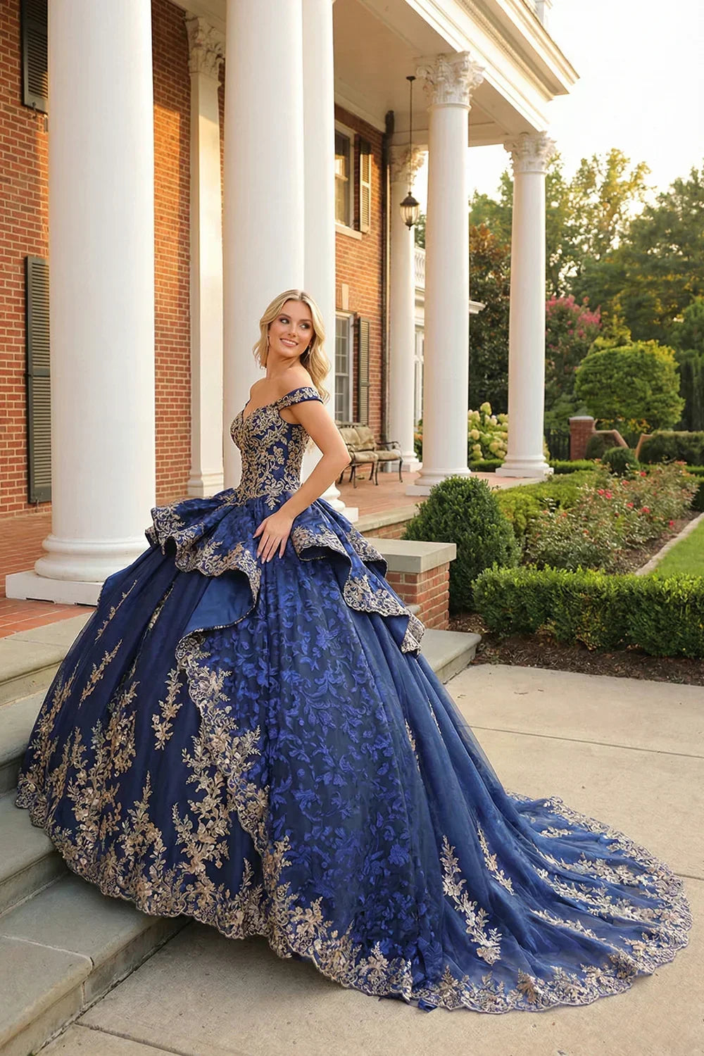Carmina Layered Ruffled Ball Gown Cold Shoulder Quinceañera Dress With Floral Embroidery and Bow in Blue - product view