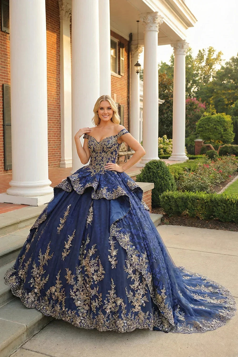 Carmina Layered Ruffled Ball Gown Cold Shoulder Quinceañera Dress With Floral Embroidery and Bow in Blue - product view