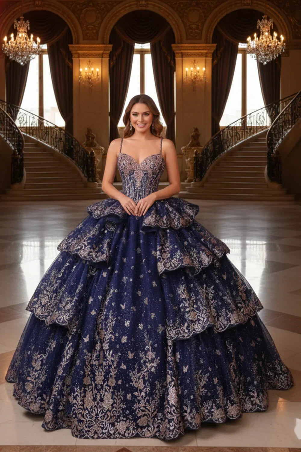 Woman in navy layered ruffled ball gown with gold embroidery standing in grand hall