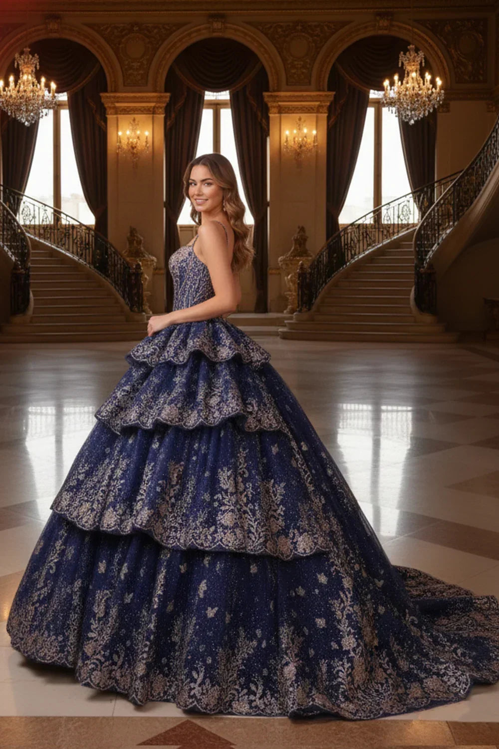 Woman in a blue layered ruffled ball gown with gold embroidery standing in an elegant ballroom.