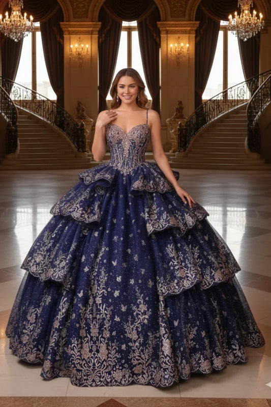 Marcela Layered Ruffled Ball Gown Cold Shoulder Quinceañera Dress With Embroidery in Blue - product view
