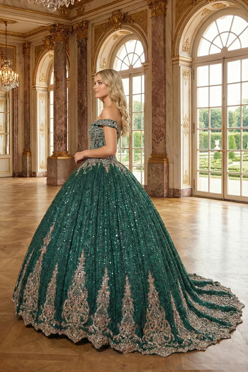 Leonora Luxurious Ball Gown Off-the-shoulder Tulle Quinceañera Dress With Intricate Lace & Glitter in Green - product view