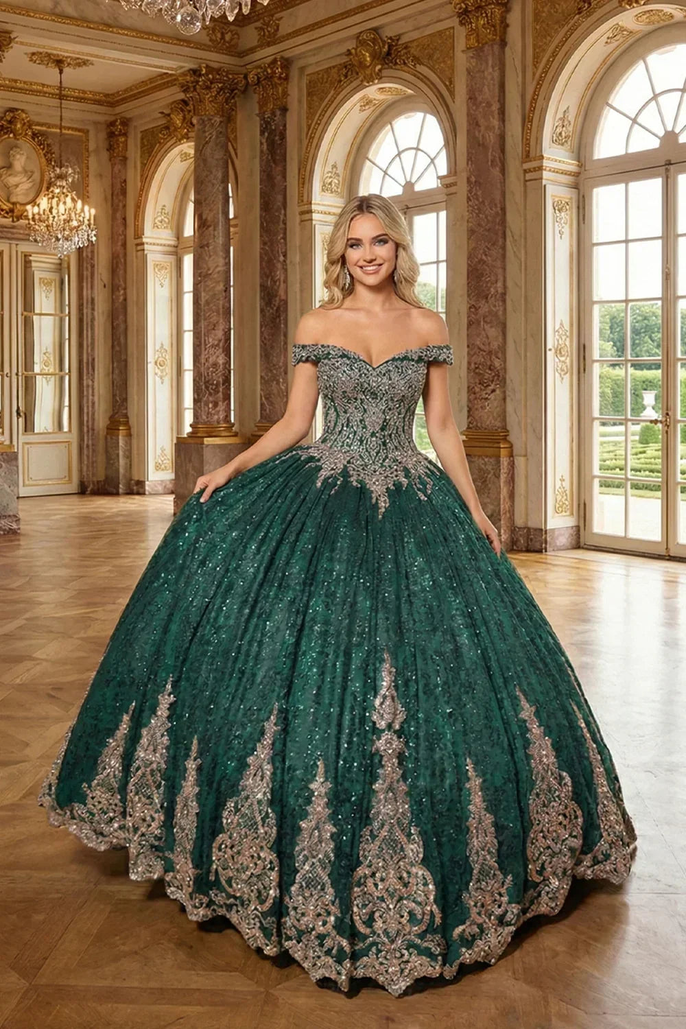 Leonora Luxurious Ball Gown Off-the-shoulder Tulle Quinceañera Dress With Intricate Lace & Glitter in Green - product view