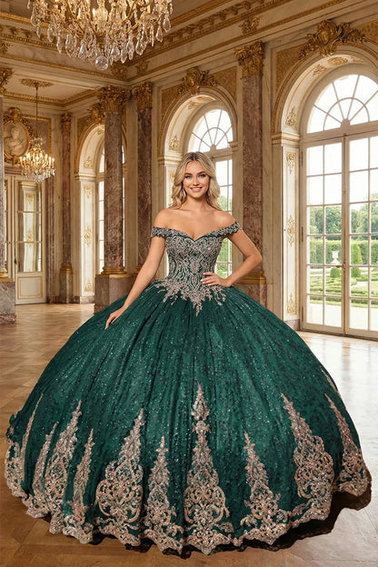 Leonora Luxurious Ball Gown Off-the-shoulder Tulle Quinceañera Dress With Intricate Lace & Glitter in Green - product view
