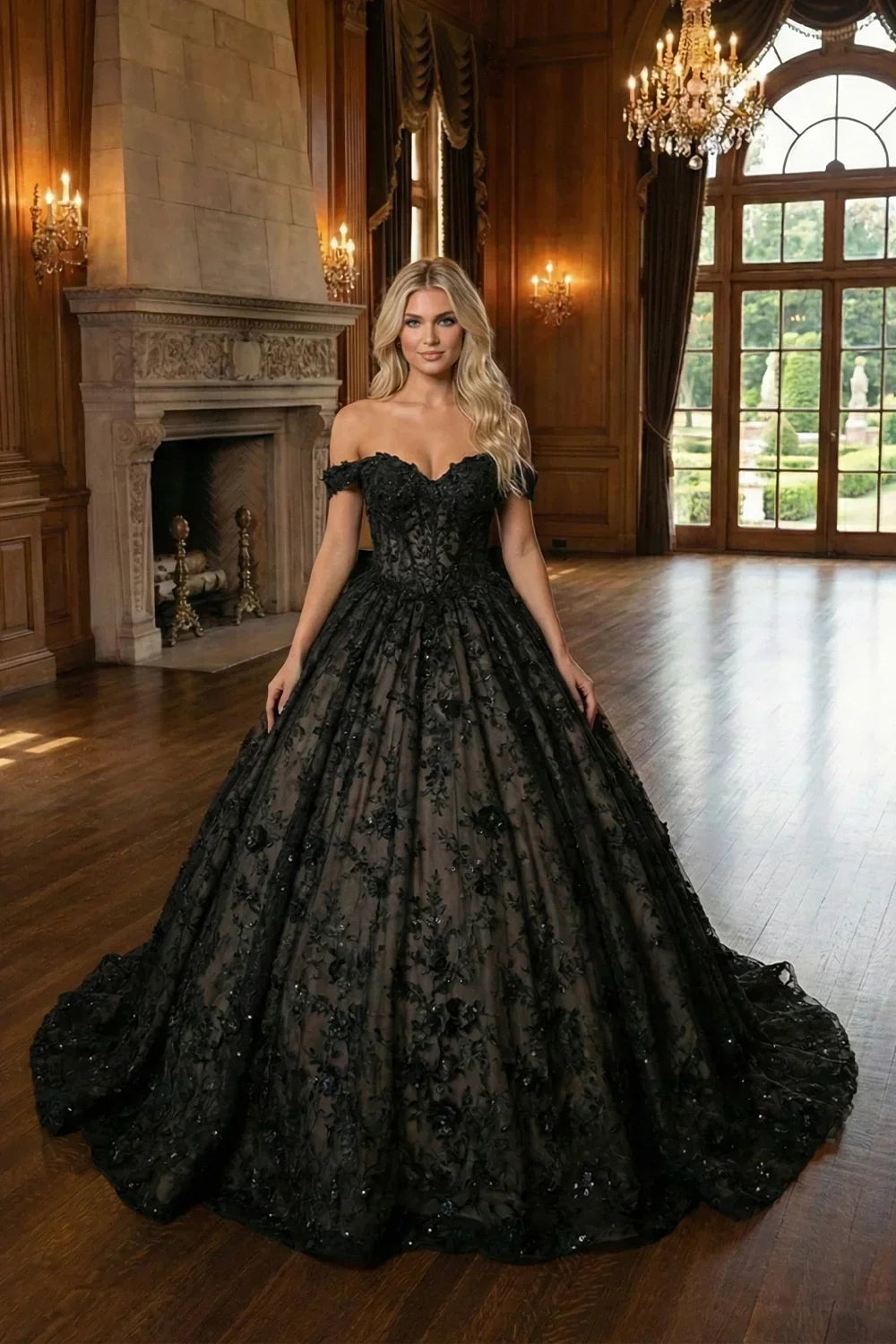 Ines Luxurious Ball Gown Sweetheart Quinceañera Dress With 3D Floral and Bow in Black - product view