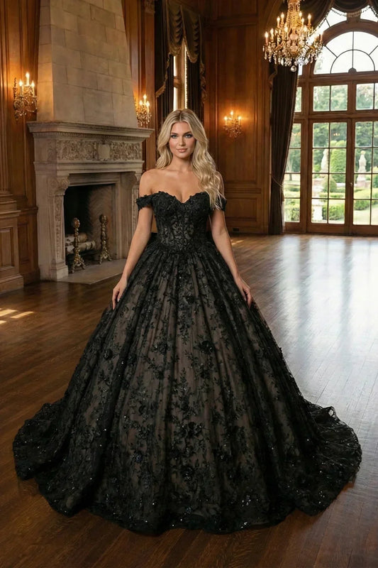 Ines Luxurious Ball Gown Sweetheart Quinceañera Dress With 3D Floral and Bow in Black - product view