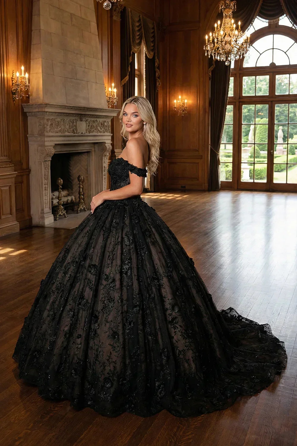 Ines Luxurious Ball Gown Sweetheart Quinceañera Dress With 3D Floral and Bow in Black - product view