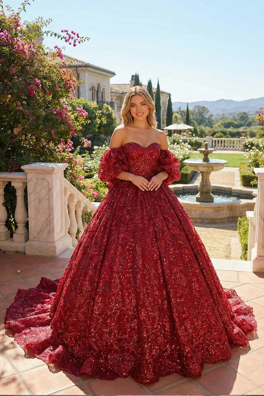 Amaranta Luxurious Ball Gown Sweetheart Quinceañera Dress With Embroidery in Red - product view