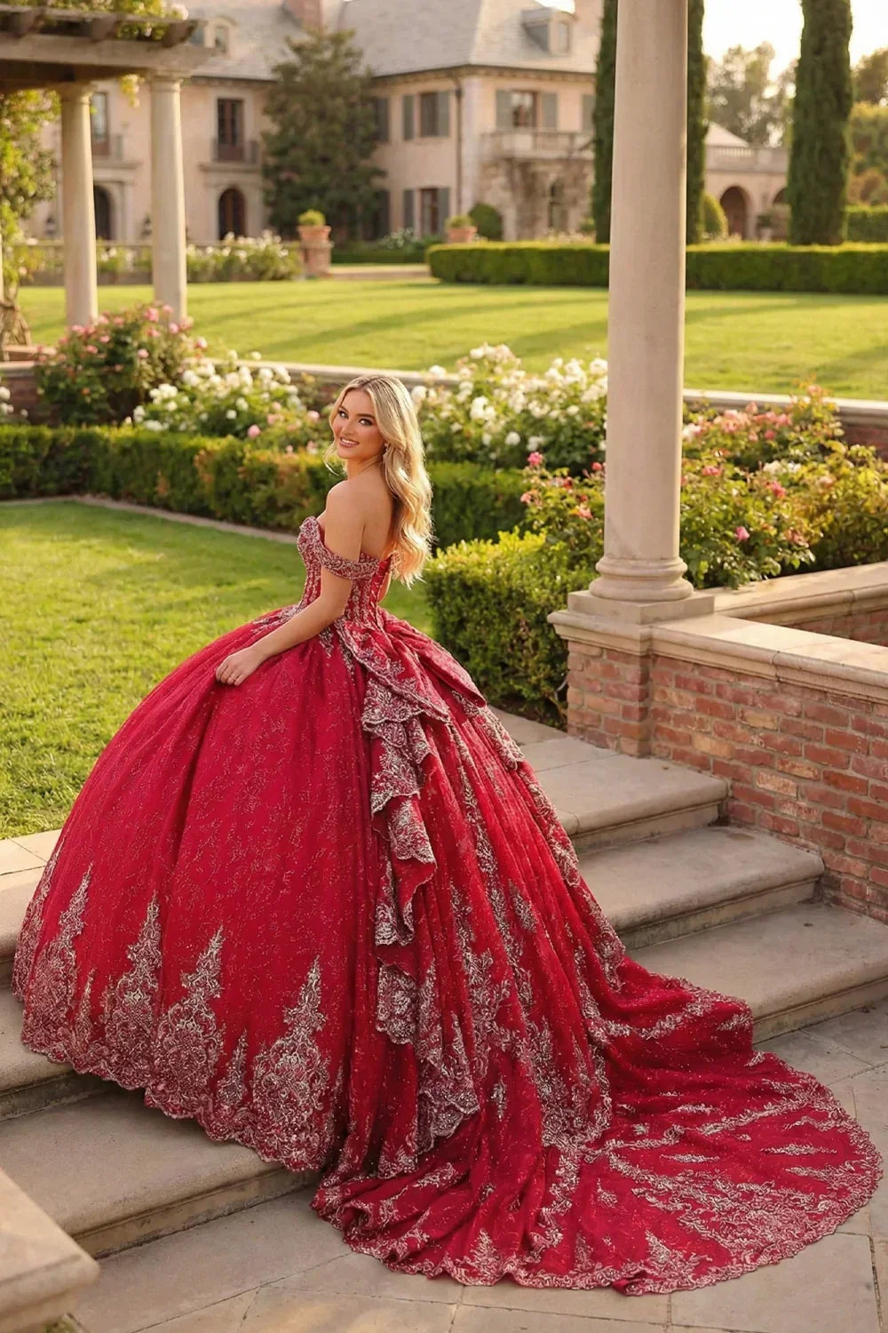 Carolina Luxurious Ball Gown Sweetheart Quinceañera Dress With Embroidery and Bow in Red - product view