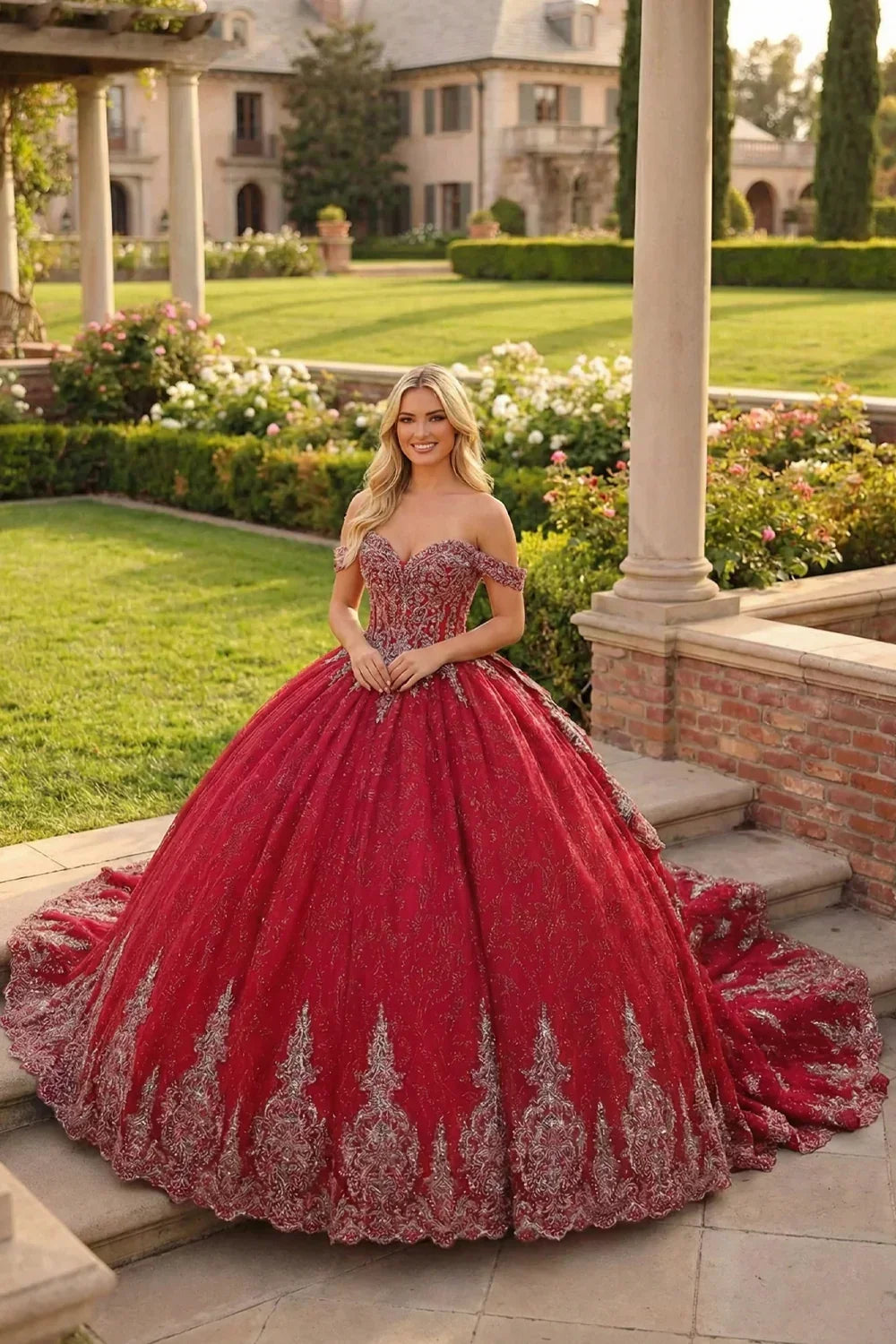 Carolina Luxurious Ball Gown Sweetheart Quinceañera Dress With Embroidery and Bow in Red - product view