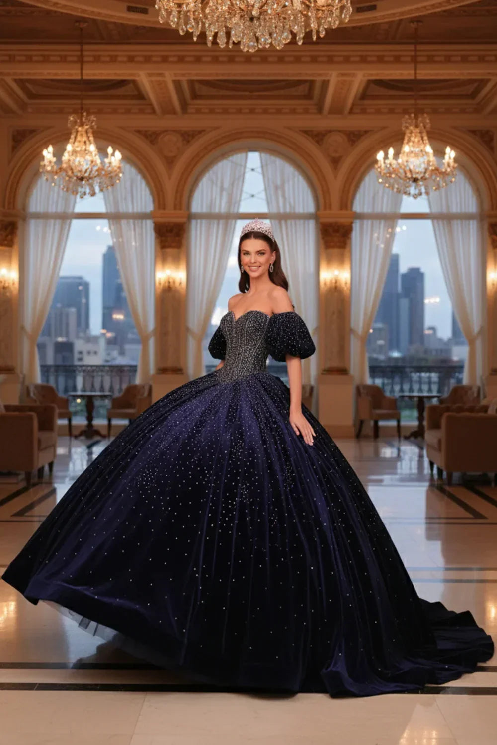 Woman in a navy blue sparkling ball gown with off-shoulder sleeves, standing in an elegant ballroom.