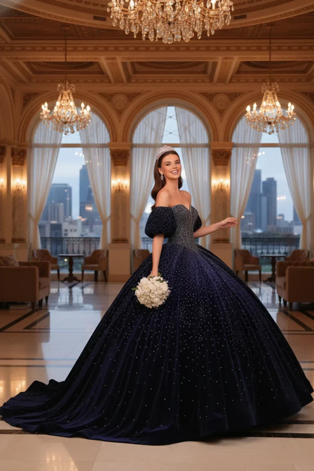 Estrella Luxurious Sparkle Ball Gown Cold Shoulder Quinceañera Dress in Blue - product view