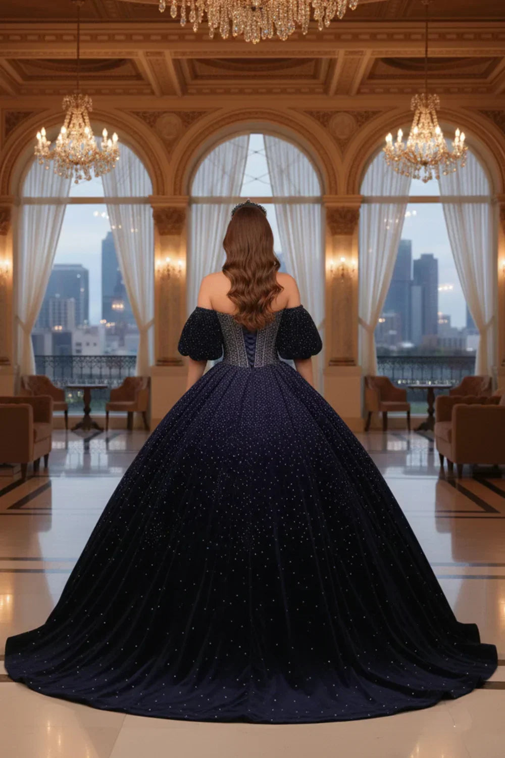 Estrella Luxurious Sparkle Ball Gown Cold Shoulder Quinceañera Dress in Blue - product view