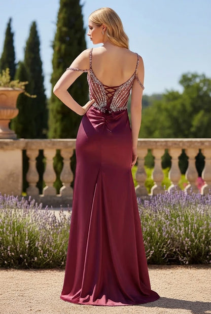 Off-the-Shoulder Beaded Corset Mermaid Prom Dress with Slit | Promspark