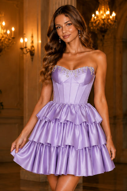 Nell Light Blue Tiered Ruffle Corset Mini Homecoming Dress in Light Blue - front view