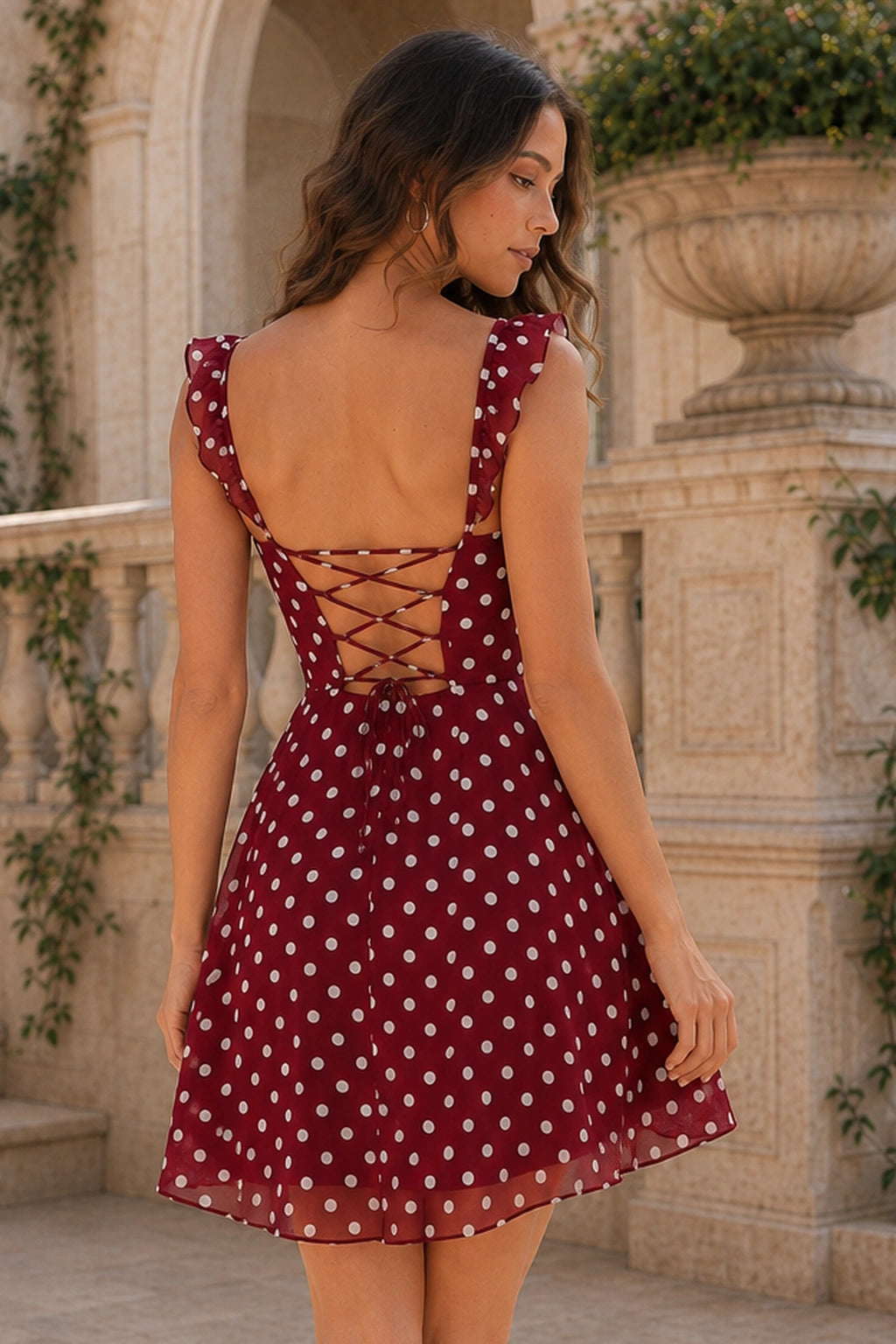 Zadie Black Polka Dot Ruffle A-Line Mini Homecoming Dress in Black Polka Dot - back view