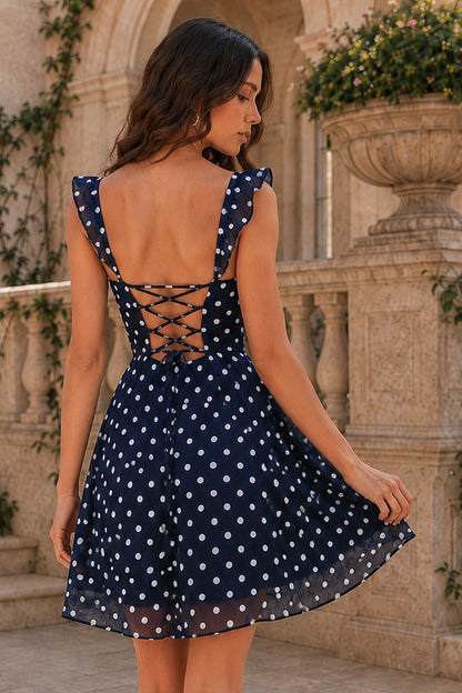 Zadie Black Polka Dot Ruffle A-Line Mini Homecoming Dress in Black Polka Dot - back view