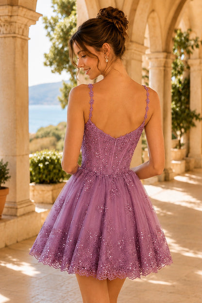 Mina Navy Blue Beaded Corset A-Line Mini Homecoming Dress in Navy Blue - back view