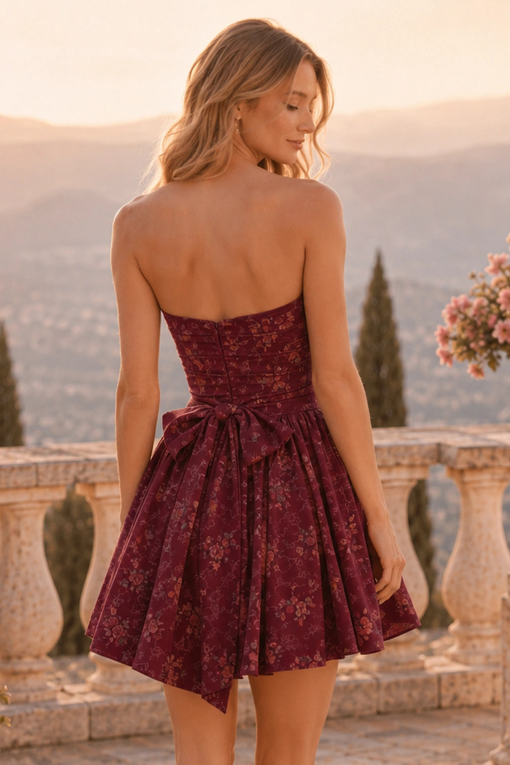 Juno Blush Floral Strapless Corset Mini Homecoming Dress in Blush Floral - back view