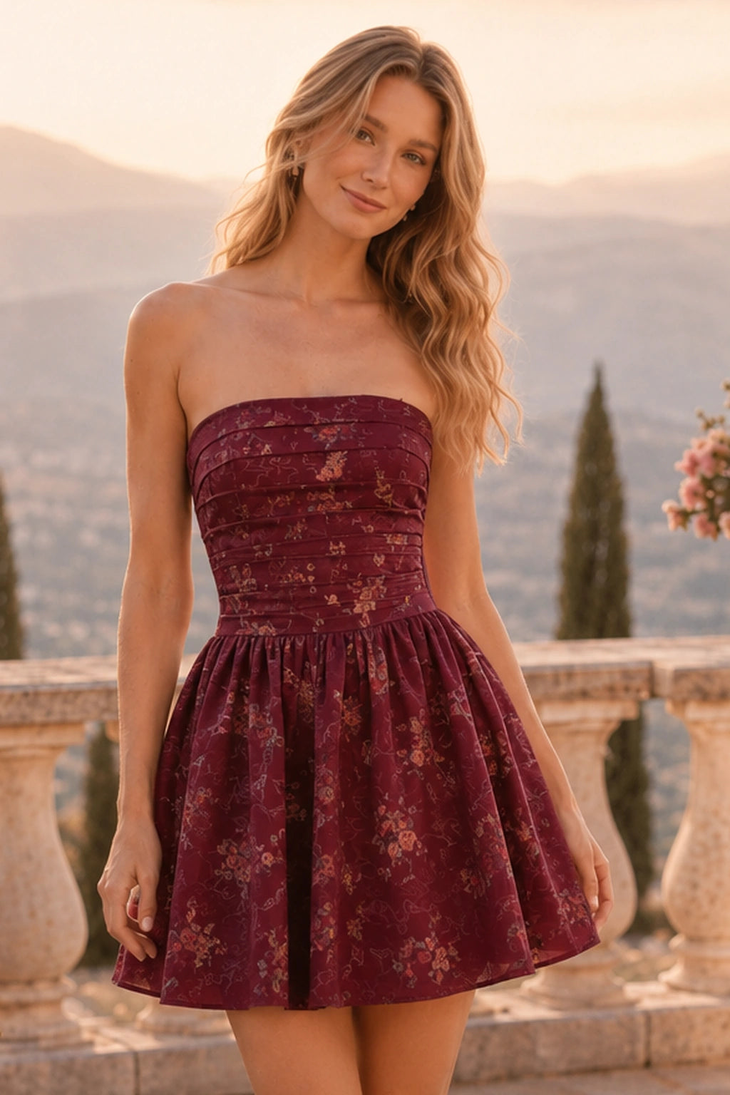 Juno Blush Floral Strapless Corset Mini Homecoming Dress in Blush Floral - front view