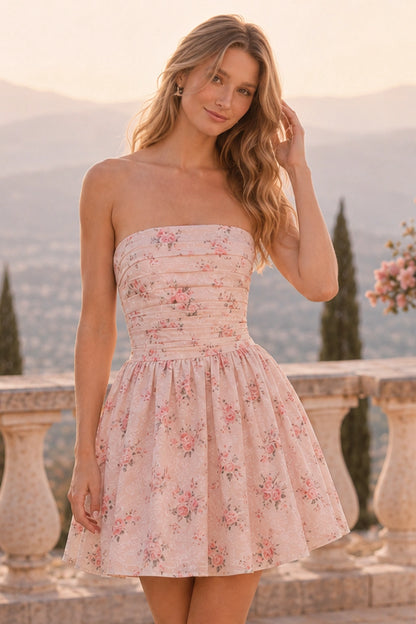 Juno Blush Floral Strapless Corset Mini Homecoming Dress in Blush Floral - front view