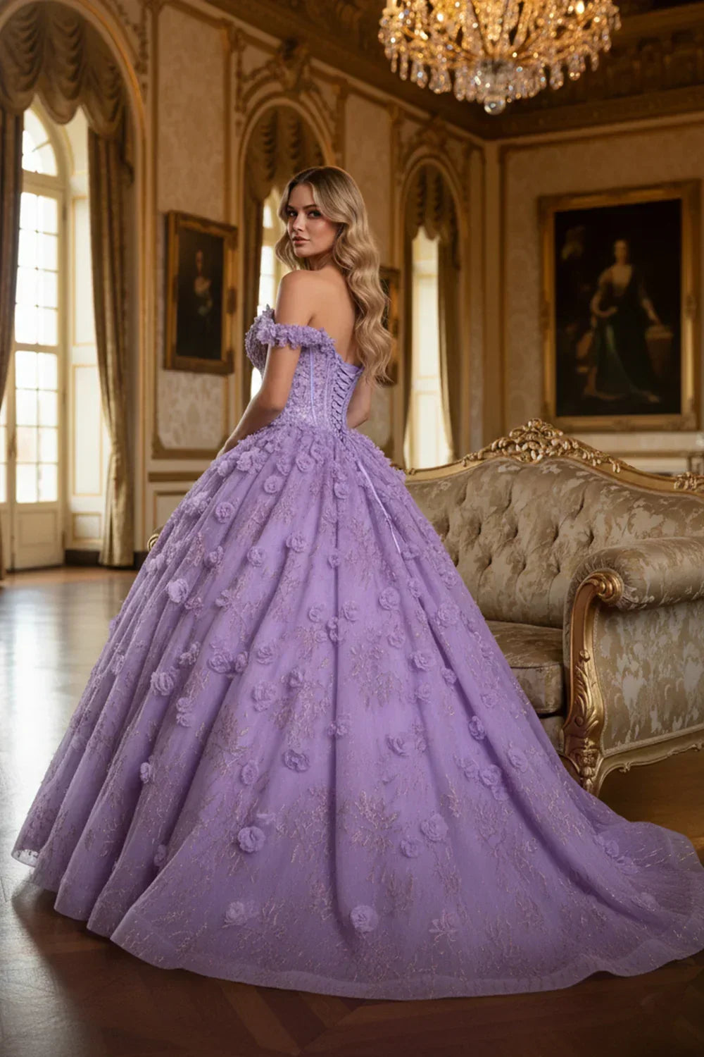 Woman in a lavender 3D floral ball gown with gold accents, off-the-shoulder, in a luxurious room
