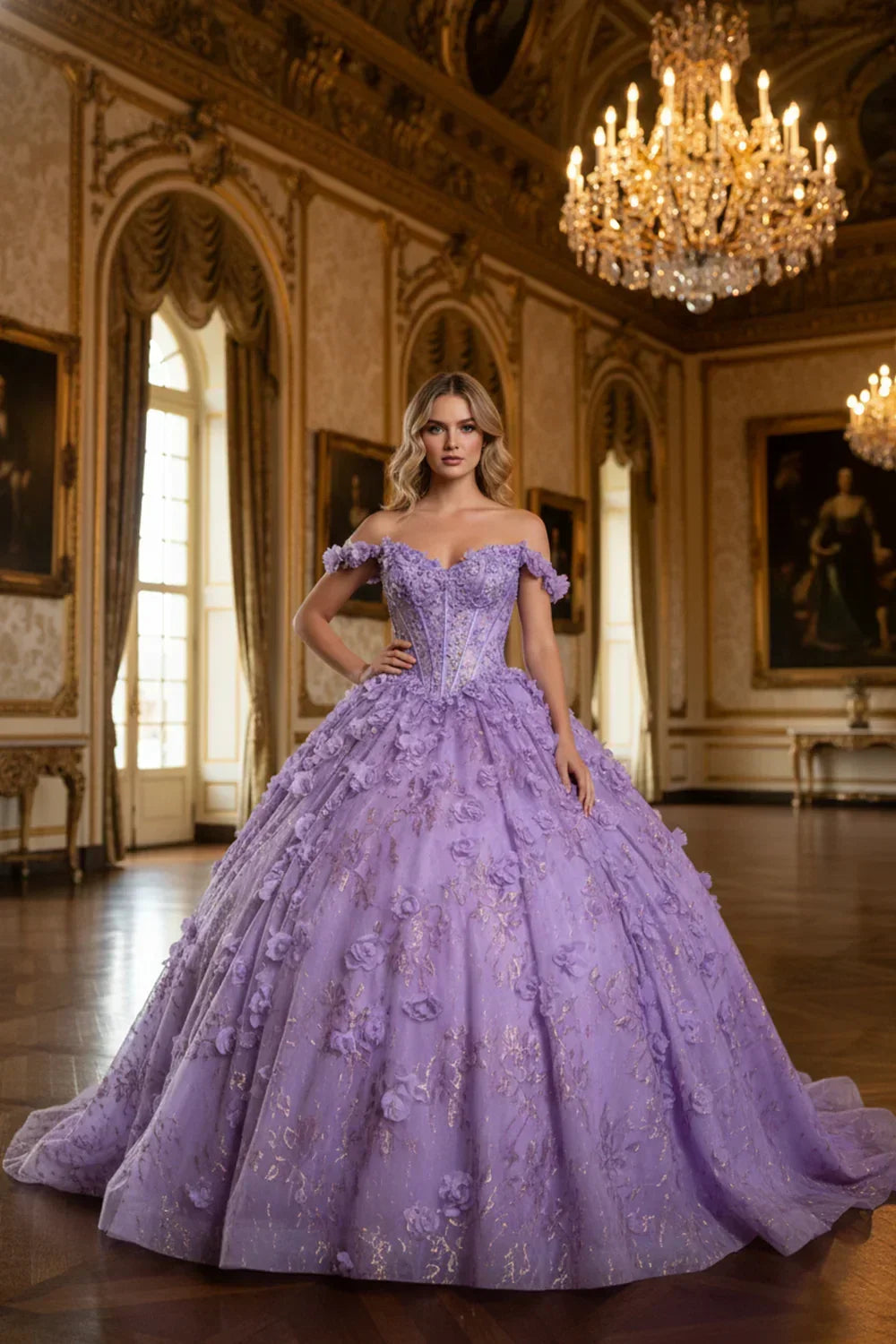 Woman in a lilac 3D floral ball gown with gold accents, off-shoulder, in elegant hall