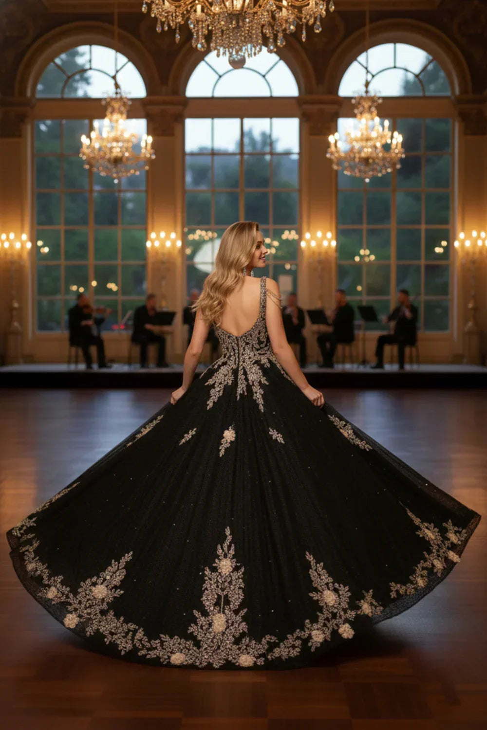 Woman in black ornate floral ball gown with beading, elegant ballroom, chandeliers