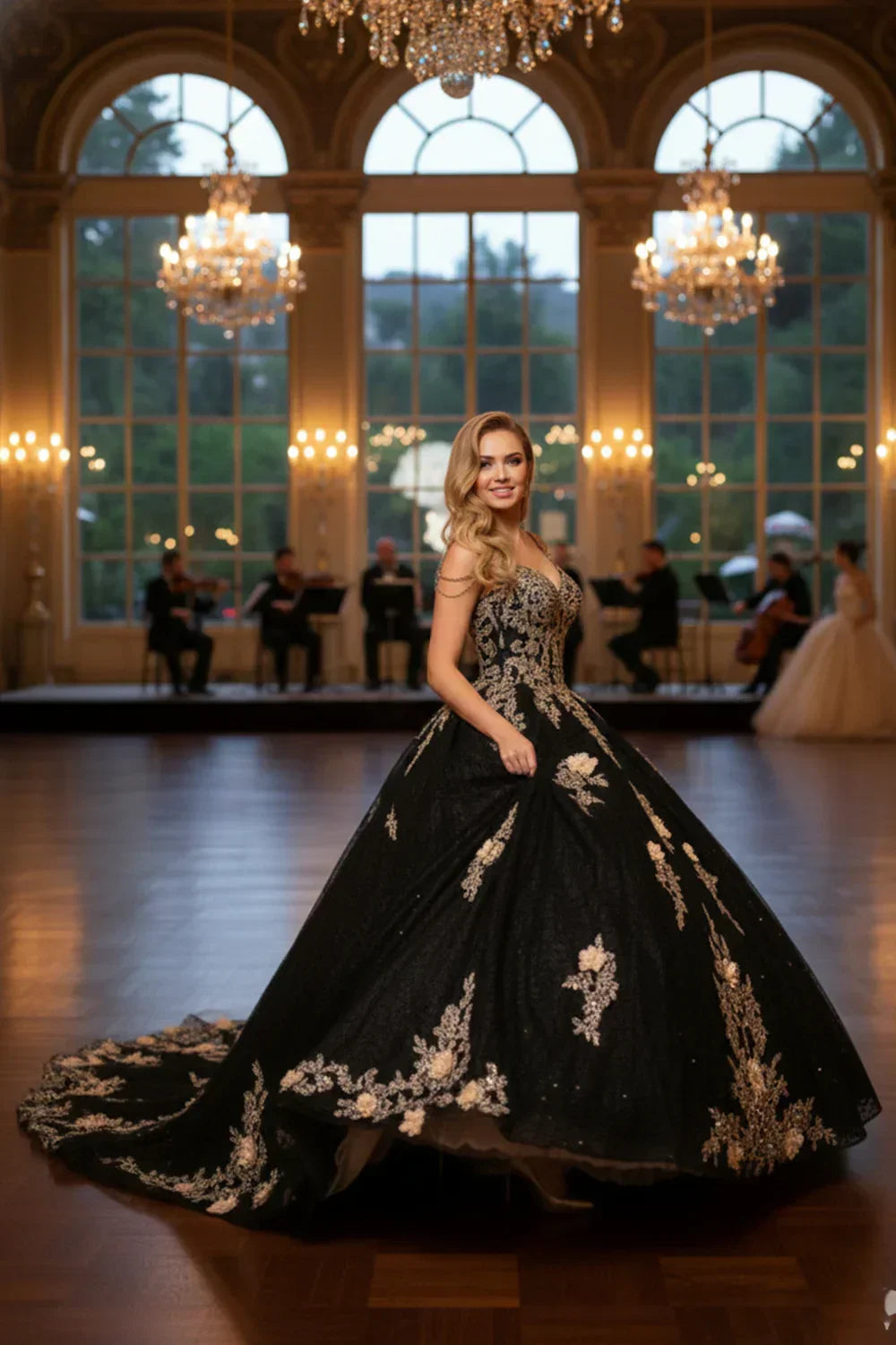 Woman in black floral ball gown with beading, posed in elegant ballroom with chandeliers