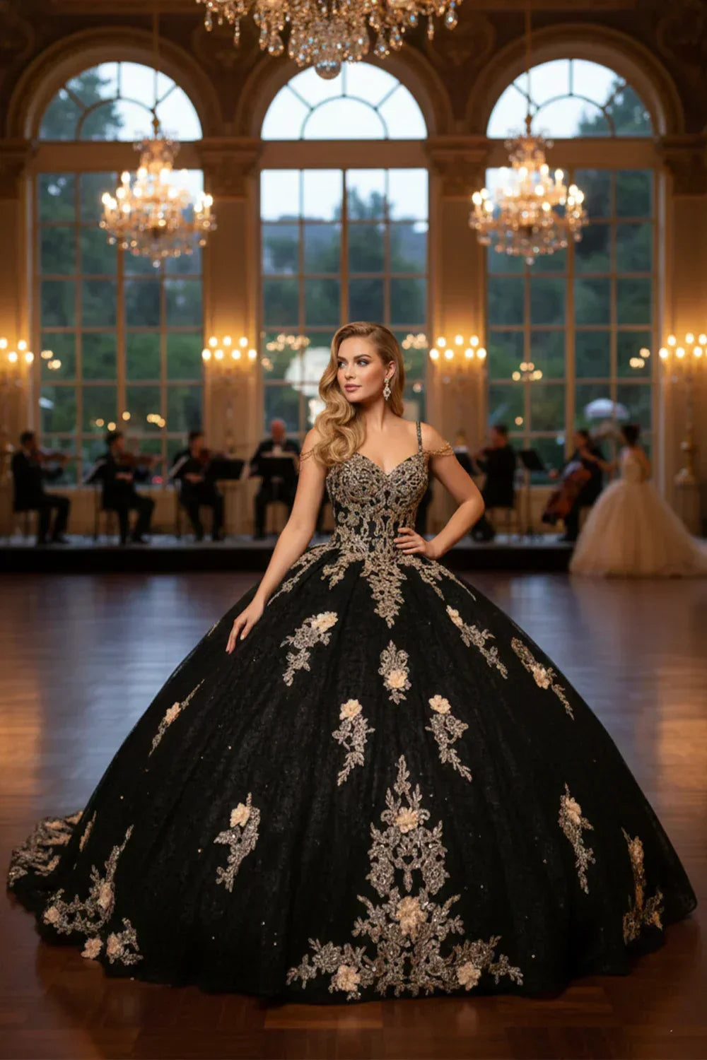 Woman in black ornate floral ball gown with beading, spaghetti straps, in elegant ballroom